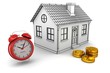 Model home, red alarm clock, stacks of gold dollar coins