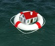 Home and lifebuoy in water. 3d rendering