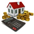 House, calculator and stacks of gold coins dollar