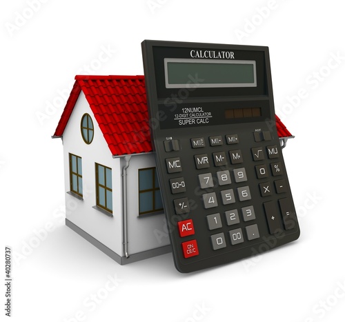 Illustration: Calculator leaned on a little house with red roof Calculator leaned on a little house with red roof
