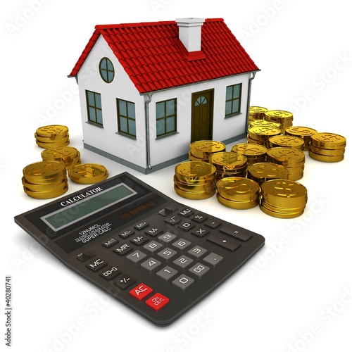 Illustration: House, calculator and stacks of gold coins dollar House, calculator and stacks of gold coins dollar