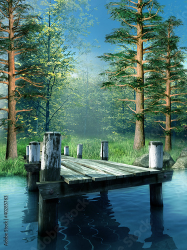 Illustration: Drewniane molo na niebieskim jeziorze Drewniane molo na niebieskim jeziorze