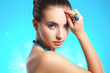 woman portrait with necklace and ring on finger woman portrait with necklace and ring on finger