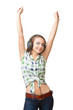 young woman with headhpones rising hands