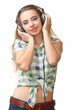 young woman with headhpones on head