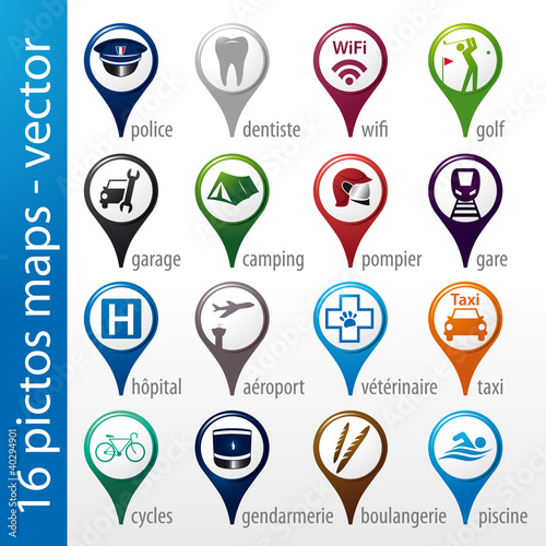 Vector: set 16 icons, pictos, symboles, logos, maps set 16 icons, pictos, symboles, logos, maps