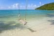 tropical beach with coconut palm trees  and Old  Swing Tied to