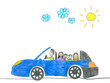 Illustration: Happy family in blue car, child's drawing. Happy family in blue car, child's drawing.