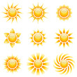 Yellow sun vector icons isolated on white.