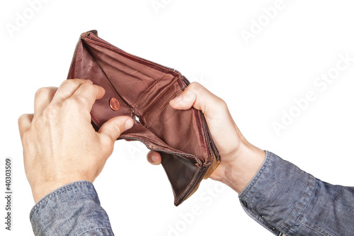 Photo: Empty wallet in his hands. On a white background. Empty wallet in his hands. On a white background.