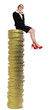 Businesswoman sitting on gold coin currency.