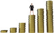 Businesswoman standing on gold coin currency.