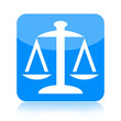 Scales of justice blue button isolated on white