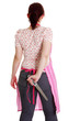 Photo: Housewife in pink apron with knife behind her back . Housewife in pink apron with knife behind her back .
