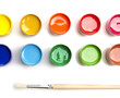 Paint buckets with paintbrush over white background