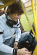Young man sitting in airplane