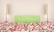 room with green sofa and hearts on the floor with the beige floo