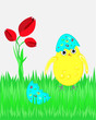 Happy Easter vector illustration with chicken and tulips