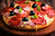 Pizza with salami, ham and tomatoes