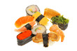 Japanese Rice Pastry, Sushi Spread On A White Background Japanese Rice Pastry, Sushi Spread On A White Background