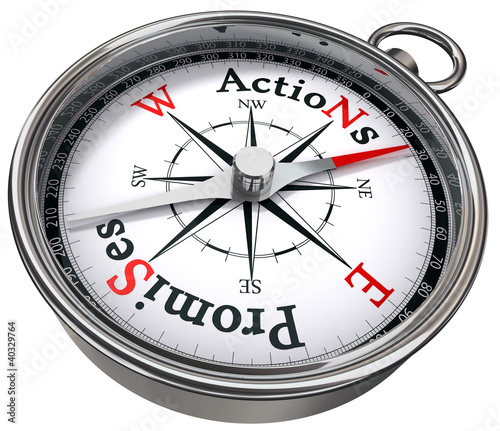 Illustration: action vs promises concept compass action vs promises concept compass