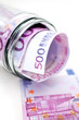 euro banknotes in money jar euro banknotes in money jar