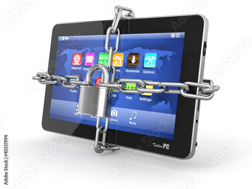 Illustration: Tablet pc security. Chain with lock on computer. Tablet pc security. Chain with lock on computer.