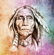Sketch of tattoo art, portrait of american indian head over colo Sketch of tattoo art, portrait of american indian head over colo