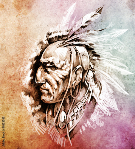 Illustration: Sketch of tattoo art, American Indian Chief illustration over co Sketch of tattoo art, American Indian Chief illustration over co