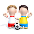 Zwei Fußballspieler in Nationaltrikots Polens und der Ukraine