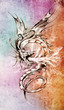 Sketch of tattoo art, stylish dragon illustration over colorful Sketch of tattoo art, stylish dragon illustration over colorful
