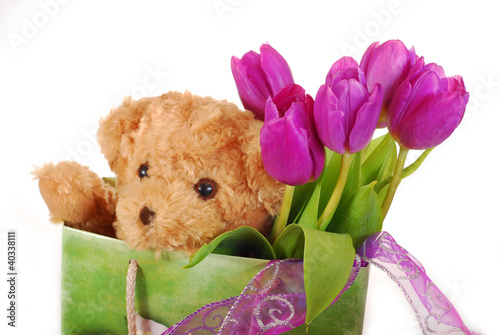Photo: tulips and teddy bear in gift bag tulips and teddy bear in gift bag