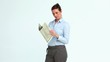 Happy businesswoman reads the news and crosses the arms