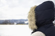 Mid adult woman overlooking snowcapped landscape, rear view