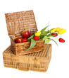 wicker basket of apples and flowers on a white background wicker basket of apples and flowers on a white background