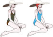 Young sexy women in swimsuit with a large hat, vector