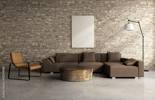 Illustration: Concrete brick wall village interior, vintage design style Concrete brick wall village interior, vintage design style