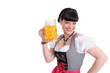 Junge Frau im Dirndl prostet mit Maßkrug