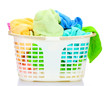 canvas print picture - Plastic basket with bright towels isolated on white