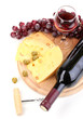Bottle of great wine with wineglass and cheese isolated on white Bottle of great wine with wineglass and cheese isolated on white
