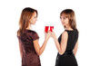 Two young women with a red wine