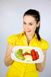 beautiful girl showing happy a plate full of fresh fruit beautiful girl showing happy a plate full of fresh fruit