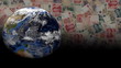 Rotating earth with scrolling Chinese Yuan animation