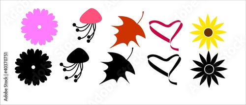 Illustration: Set of graphic flowers and leaf with pattern Set of graphic flowers and leaf with pattern