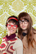 Funny humor nerd couple on vintage wallpaper