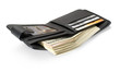 Black leather wallet with dollars and plastic cards isolated on