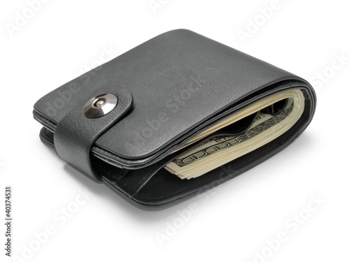Photo: Black leather wallet with dollars isolated on white background. Black leather wallet with dollars isolated on white background.