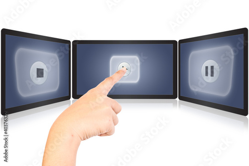Photo: Hand pushing Play Icon. Hand pushing Play Icon.