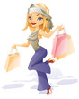 Happy smiling young girl is running with bags