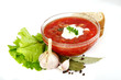 borsch in glass dish. Isolated over white. Shallow DOF